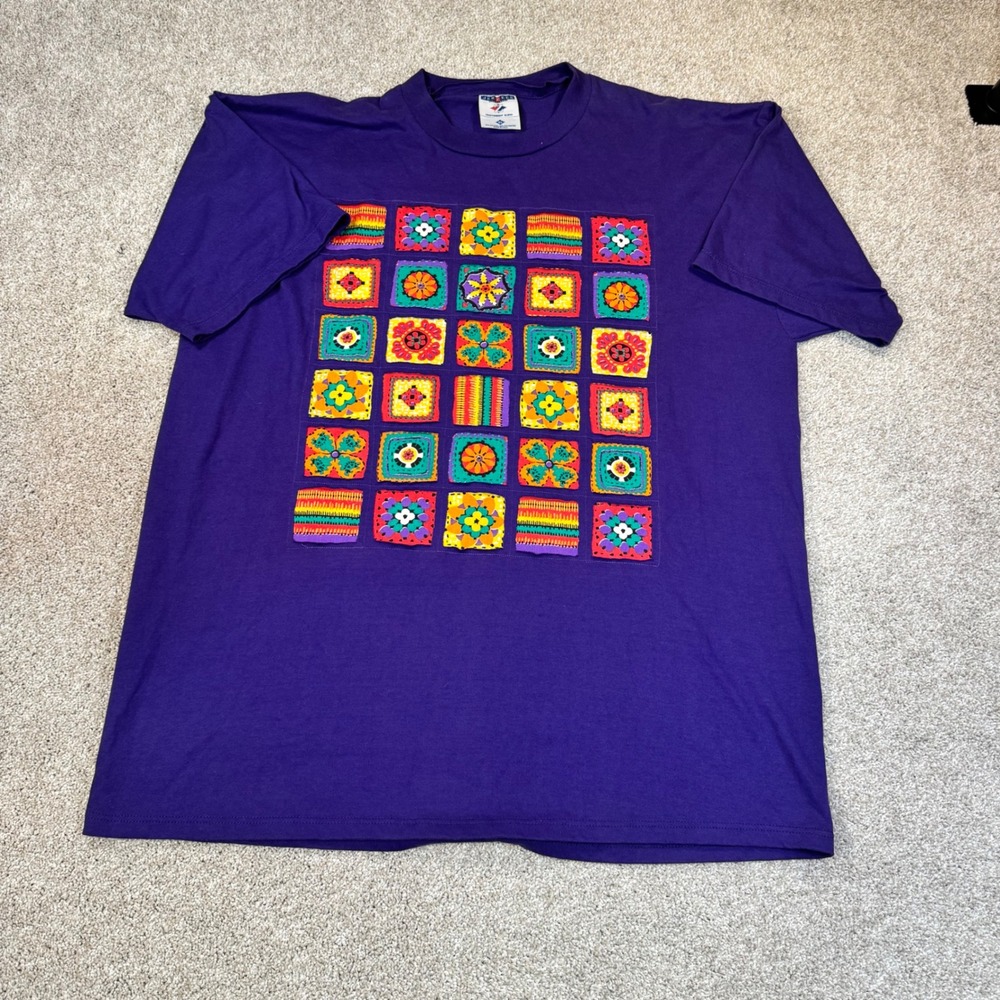 Vintage Jerzees Purple T-Shirt XL Crochet Quilt Square Grandmacore